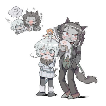 1girl 2boys axe basilio_(metaphor:_refantazio) belt black_belt black_coat black_gloves black_pants blue_eyes braid brown_hair brown_shoes chewing coat double-parted_bangs fairy fairy_wings fangs flying_sweatdrops food food_wrapper full_body gallica_(metaphor:_refantazio) gloves hairband holding holding_food long_sleeves looking_to_the_side male_focus metaphor:_refantazio multiple_boys multiple_views neckerchief on_head open_mouth orange_hair pants patterned_clothing protagonist_(metaphor:_refantazio) red_eyes sanpaku scar scar_across_eye scar_on_face shoes side_braids sideways_glance sitting slit_pupils speech_bubble steamed_bun sword umainaotofu weapon weapon_on_back white_background white_coat white_hair white_neckerchief wings