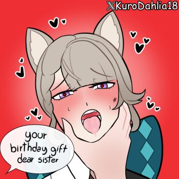 1boy 1girl after_kiss ahegao animal_ears blush brother_and_sister cat_ears cat_girl english_text hetero incest incest_(lore) looking_at_viewer lynette_(genshin_impact) lyney_(genshin_impact) open_mouth pov saliva siblings sweat twincest twins