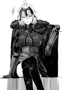 +++ 1girl absurdres ahoge arm_up armor blush cape capelet chain crossed_legs fate/grand_order fate_(series) fur-trimmed_cape fur_trim gauntlets greyscale half-closed_eyes headpiece highres jeanne_d'arc_alter_(avenger)_(fate) jeanne_d'arc_alter_(fate) light_smile monochrome plackart sakana_(whhy8883) short_hair sitting solo thighhighs