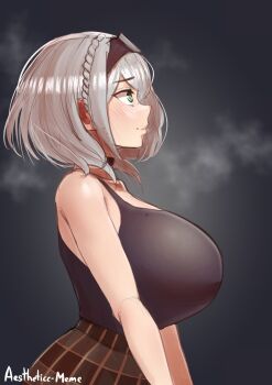 1girl aestheticc-meme artist_name bare_shoulders black_background black_shirt blouse blush braid braiding_hair breasts choker collarbone commentary crop_top english_commentary english_text from_side grey_hair gulping hairdressing heart heart-shaped_pupils highres hololive huge_breasts shirogane_noel shirogane_noel_(casual) shirt short_hair side_braid skirt sleeveless solo steam steaming_body symbol-shaped_pupils tiara virtual_youtuber