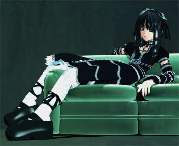 1girl 3d black_hair couch ekkusu_kyuuzu female_focus goth_fashion gothic_lolita green_upholstery lolita_fashion original pantyhose solo white_pantyhose