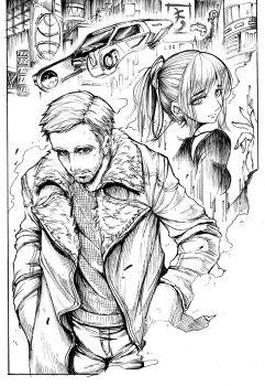 1boy 1girl ana_de_armas animification blade_runner_(series) blade_runner_2049 city coat cyberpunk flying_car greyscale hologram joi k_(blade_runner_2049) matutoya monochrome ryan_gosling science_fiction sketch spinner