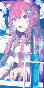 1girl absurdres ahoge animal_ear_fluff animal_ears chemical_structure choker clock collar commentary_request fang hair_bun hair_ornament hakui_koyori hakui_koyori_(1st_costume) heart hexagon_hair_ornament highres hololive lab_coat long_hair nail_polish necktie open_mouth pink_hair pink_nails pink_necktie shiloroshi skin_fang solo very_long_hair virtual_youtuber wolf_ears wolf_girl