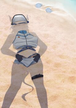 1girl animal_ears arknights baseball_cap beach bikini breasts commentary commission cow_tail day dressed_shadow_(meme) english_commentary feet_out_of_frame gloves hat highres invisible lion_girl lion_tail meme navel outdoors sand shadow shadyoaks_(lucknuts) short_hair sideroca_(arknights) sideroca_(light_breeze)_(arknights) solo striped_bikini striped_clothes swimsuit tail thigh_strap virtual_youtuber white_bikini