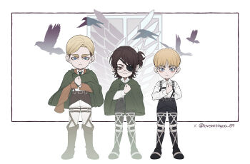 1other 2boys absurdres arm_behind_back armin_arlert blonde_hair blue_eyes boots brown_eyes brown_hair brown_jacket chest_harness chibi chibi_only clenched_hand cloak collared_shirt erwin_smith eyepatch full_body glasses green_cloak hand_on_own_chest hange_zoe harness highres jacket lovewithyou_159 medium_hair multiple_boys outside_border pants shingeki_no_kyojin shirt short_hair side_ponytail standing survey_corps_(emblem) swept_bangs thick_eyebrows twitter_username white_background white_pants white_shirt
