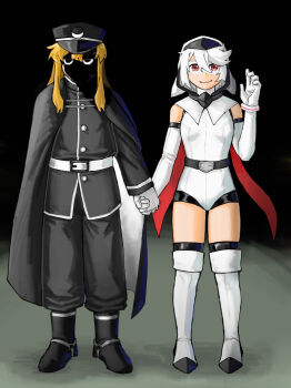 Rule 34 | 2girls, bare shoulders, belt, black boots, black hat, black jacket, black pants, black robe, black thighhighs, blonde hair, boots, breasts, commentary, elbow gloves, eye mask, gloves, gmeg011, hat, highres, holding hands, hood, hood up, jacket, koishikawa iko, leotard, long hair, mask, meme, multiple girls, night, outdoors, pants, red eyes, robe, shy (character), shy (series), small breasts, smile, symbol-only commentary, thighhighs, white belt, white boots, white gloves, white leotard, why dis ninja look so mad (meme), yuri