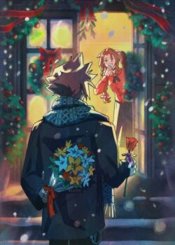 1boy 1girl aerith_gainsborough alternate_costume arm_behind_back black_choker black_coat black_pantyhose black_skirt blonde_hair bouquet brown_hair choker christmas christmas_ornaments christmas_wreath cloud_strife coat collared_shirt commentary emi-bianchi english_commentary final_fantasy final_fantasy_vii flower gloves green_cross_tie hair_ribbon hand_to_own_mouth highres holding holding_bouquet lily_(flower) long_hair mistletoe pantyhose pink_ribbon plaid_clothes plaid_scarf red_flower red_ribbon red_rose red_skirt ribbon rose scarf shirt short_hair skirt smile snowing spiked_hair twintails white_flower white_gloves winter_clothes winter_coat wreath yellow_flower