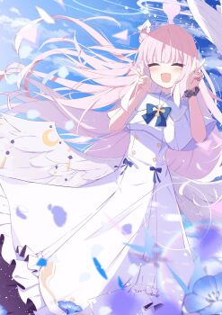 1girl angel_wings ayahosiyuki birthday black_scrunchie blue_archive blue_sky blush capelet cloud commentary_request double_v dress feathered_wings hair_bun halo highres long_hair low_wings mika_(blue_archive) open_mouth pink_hair pink_halo ring_of_light_(blue_archive) scrunchie single_side_bun sky solo v white_capelet white_dress white_wings wing_ornament wings wrist_scrunchie