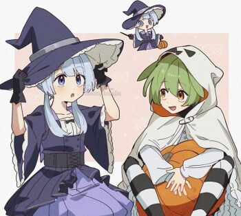 2girls :d :o animal_ears artist_name black_gloves blue_dress blue_eyes blue_hair blue_hat blush border character_request commentary_request corn_kuten dress feet_out_of_frame gloves green_hair halloween hat hood hood_up hoodie long_hair long_sleeves multiple_girls open_mouth outside_border pink_background pumpkin sitting smile twitter_username voicevox white_border white_hoodie wide_sleeves witch_hat zundamon