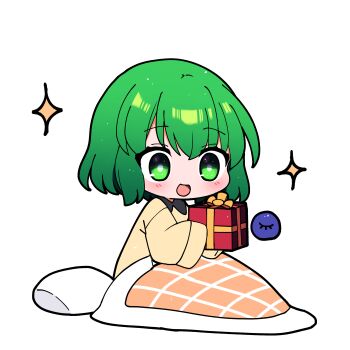 1girl absurdres blanket blush chibi gift green_eyes green_hair highres komeiji_koishi long_sleeves open_mouth shirt short_hair smile solo sparkle third_eye touhou yellow_shirt you_(noanoamoemoe)