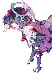 Rule 34 | 1girl, :3, absurdres, backless dress, backless outfit, bare shoulders, black hair, black thighhighs, blush, bow, checkered necktie, colored inner hair, commentary, detached sleeves, dress, english commentary, foxrain, fur-trimmed sleeves, fur trim, green bow, green halo, hair bow, halo, highres, leaning forward, looking at viewer, multicolored hair, multiple hair bows, nail polish, nangong yu, necktie, open-toe shoes, open mouth, red bow, red eyes, red nails, red necktie, scar, scar on back, shoes, short twintails, simple background, sleeve bow, solo, thighhighs, toenail polish, toenails, twintails, v, white background, white dress, white shoes, white wings, wings, zenless zone zero