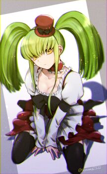1girl :| alternate_costume alternate_hairstyle between_legs black_bow black_thighhighs bow breasts c.c. choker cleavage closed_mouth code_geass collar commentary_request drop_shadow expressionless frilled_collar frills from_above full_body green_hair hair_between_eyes hand_between_legs hat juliet_sleeves long_hair long_sleeves looking_at_viewer medium_breasts puffy_sleeves red_choker red_hat red_skirt shirt sidelocks simple_background sitting skirt sleeves_past_wrists solo soraao0322 straight_hair thighhighs top_hat twintails twitter_username v_arms very_long_hair wariza white_background white_shirt yellow_eyes