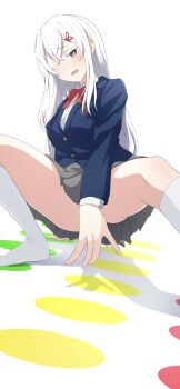 1girl absurdres blazer blue_jacket bow colored_eyelashes commentary_request convenient_arm echidna_(re:zero) grey_eyes grey_skirt highres jacket long_hair na-suke one_eye_closed open_mouth re:zero_kara_hajimeru_isekai_seikatsu red_bow revision school_uniform simple_background skirt solo spread_legs thick_eyelashes thighs twister white_background white_eyelashes white_hair