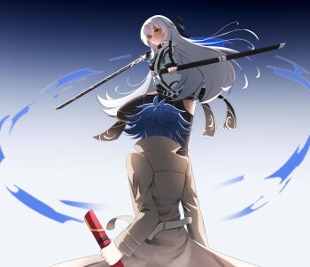 1boy 1girl absurdres black_hair black_pants bow brown_coat clothing_cutout coat commentary corecamilox4 eiyuu_densetsu english_commentary fighting_stance hair_bow highres holding holding_sheath holding_sword holding_weapon imminent_fight jacket kai_no_kiseki katana kuro_no_kiseki_(series) long_hair orange_eyes pants rean_schwarzer sheath shizuna_rem_misurugi sword thigh_cutout weapon white_hair white_jacket