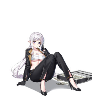 1girl black_gloves black_jacket black_pants black_shoes breasts chest_sarashi closers gloves hand_up high_heels highres jacket knees_up large_breasts levia_(closers) long_hair long_sleeves looking_at_viewer low_ponytail money official_art open_clothes open_jacket open_mouth pants pointy_ears ponytail purple_eyes sarashi shoes simple_background sitting solo suitcase sweatdrop underboob very_long_hair white_background white_hair