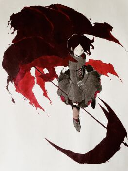 1girl bad_id bad_pixiv_id black_dress cape corset dress full_body grey_eyes highres holding holding_scythe holding_weapon long_sleeves marker_(medium) miz_natsuki red_cape red_hair ruby_rose rwby scythe short_hair simple_background solo traditional_media v-shaped_eyebrows weapon white_background