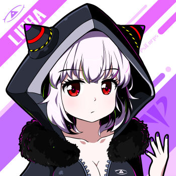 1girl 51qu_de_yeying absurdres breasts character_name cleavage coat collarbone command_&amp;_conquer command_&amp;_conquer:_red_alert command_&amp;_conquer:_red_alert_2 dress english_text fingernails fur-trimmed_coat fur_trim grey_coat grey_hood highres hood hood_up horned_hood horns libra_(mental_omega) looking_at_viewer medium_breasts mental_omega_(mod) nail_polish no_bra portrait psi-corps_symbol purple_nails red_eyes resh_vav_yod_symbol solo straight-on white_hair wispy_bangs zipper_dress