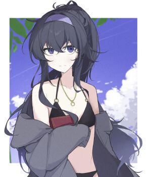 1girl bare_shoulders bikini black_bikini black_hair black_panties blue_archive blue_eyes blue_hairband book breasts closed_mouth day free_donut hair_between_eyes hairband highres holding holding_book long_hair necktie off_shoulder open_clothes outdoors panties ponytail small_breasts swimsuit ui_(blue_archive) underwear very_long_hair