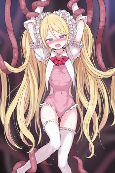 Rule 34 | 1girl, absurdres, arms up, blonde hair, blue eyes, blush, commission, commissioner upload, covered navel, defeat, gloves, gluteal fold, gulp5959, hana koi (gulp5959), highres, leotard, long hair, magical girl, open mouth, original, pink leotard, restrained, skeb commission, solo, tentacles, thigh gap, thighhighs, thighs, twintails, very long hair, white gloves, white thighhighs