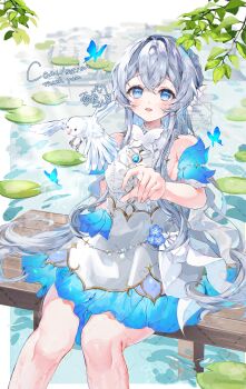 1girl absurdres bare_shoulders bird blue_butterfly blue_dress blue_eyes blue_flower bug butterfly commission dress flower grey_hair hibari_yuu highres insect lily_pad long_hair multicolored_dress open_mouth original sitting skeb_commission sleeveless sleeveless_dress solo water white_bird white_dress