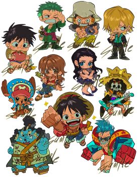 2025 2girls 6+boys absurdres antlers arm_tattoo arm_up bandana_around_arm banknote black_hair black_suit blonde_hair blue_eyes blue_hair blue_shorts brook_(one_piece) chibi cross crown cyborg food formal_clothes franky_(one_piece) green_hair green_kimono guitar haramaki hat highres holding holding_food holding_guitar holding_instrument holding_money horns indian_style instrument japanese_clothes jinbe_(one_piece) kimono long_hair long_nose money monkey_d._luffy multiple_boys multiple_girls nami_(one_piece) nico_robin nico_robin_(dressrosa) official_alternate_costume one_piece orange_hair pompadour ponytail red_shirt reindeer_antlers roronoa_zoro sample_watermark sanji_(one_piece) sash scar scar_across_eye scar_on_chest scar_on_face shirt short_hair shorts simple_background sitting skeleton straw_hat straw_hat_pirates suit sunglasses tattoo tony_tony_chopper usopp watermark white_background xi_luo_an_ya yellow_sash