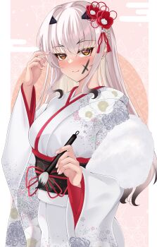 1girl absurdres blush breasts commentary_request fate/grand_order fate_(series) forked_eyebrows highres japanese_clothes kimono long_hair looking_at_viewer melusine_(fate) obi raji_(largesaint2210) sash sidelocks small_breasts smile solo white_hair white_kimono yellow_eyes