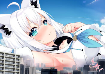 Rule 34 | ahoge, animal ear fluff, animal ears, armpits, blue eyes, blue neckerchief, blue sky, blush, breasts, city, closed mouth, collarbone, commentary request, commission, detached sleeves, giant, giantess, highres, hololive, inaba oden, neckerchief, shirakami fubuki, signature, skeb commission, sky, sweat, upper body, white hair, white sleeves