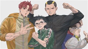 4boys black_hair black_shirt brown_eyes brown_hair clenched_hand clenched_hands clenched_teeth commentary_request dandadan double_biceps_pose dr.k_(doctorkodok) earrings enjoji_jin eyebrow_piercing face_piercing flexing furrowed_brow glasses green_jacket grey_background hand_on_own_forehead highres jacket jewelry letterman_jacket male_focus multiple_boys multiple_earrings orange_jacket parted_bangs parted_lips piercing red_hair round_eyewear sakata_kinta shirt short_hair sleeves_rolled_up takakura_ken_(dandadan) teeth tight_clothes tight_shirt track_jacket turtleneck upper_body v very_short_hair zuma_unji