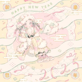 1girl 2025 :&lt; animal artist_name black_hair blush chinese_zodiac closed_mouth commentary_request eyelashes full_body fur-trimmed_kimono fur-trimmed_shoes fur_trim green_eyes hair_tie happy_new_year hat japanese_clothes kimono knees_up long_sleeves looking_at_viewer medium_hair mittens new_year original pink_ribbon quad_braids ribbon ryokuno_green shoes sitting snake watermark white_hat white_mittens white_shoes wide_sleeves year_of_the_snake yellow_background yellow_kimono
