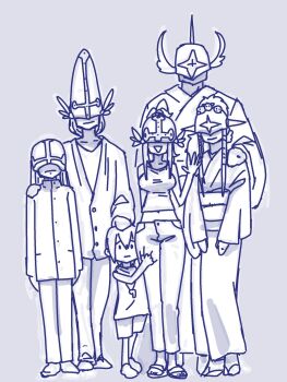 3boys 3girls angel angel_boy angel_girl angemon angewomon casual digimon gerusyu highres holyangemon long_hair multiple_boys multiple_girls ofanimon salute seraphimon short_hair what whistle yagami_hikari