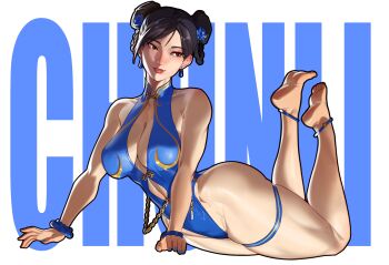 Rule 34 | 1girl, absurdres, anklet, arm support, barefoot, black hair, blue one-piece swimsuit, bracelet, braid, braided hair rings, breasts, capcom, character name, chun-li, cleavage, cloudy rain4, double bun, earrings, feet, feet up, flower, hair bun, hair flower, hair ornament, hair rings, highleg, highleg one-piece swimsuit, highres, jewelry, looking to the side, official alternate costume, official alternate hairstyle, one-piece swimsuit, smile, solo, street fighter, street fighter 6, swimsuit, wide hips