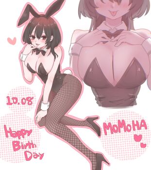 1girl :d :p animal_ear_hairband animal_ears bare_arms bare_shoulders black_bow black_bowtie black_hair black_leotard black_shoes blush bonnouji_momoha bow bowtie breasts brown_eyes character_name cleavage commentary_request dated detached_collar fake_animal_ears fang fishnet_pantyhose fishnets hair_between_eyes hairband hand_on_own_chest hand_on_own_knee happy_birthday heart high_heels highres huge_breasts kimi_no_koto_ga_dai_dai_dai_dai_daisuki_na_100-nin_no_kanojo kuchiha_chiru3 leotard looking_at_viewer medium_hair multiple_views open_mouth outline pantyhose pink_outline playboy_bunny rabbit_ears shoes simple_background smile strapless strapless_leotard tongue tongue_out white_background wrist_cuffs