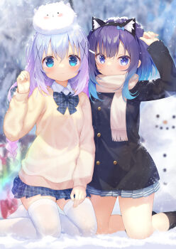 2girls angora_rabbit animal animal_ear_hairband animal_ears animal_on_head black_coat black_hairband black_socks blue_bow blue_bowtie blue_eyes blue_hair blue_skirt blurry blurry_background bow bowtie braid cardigan cat_ear_hairband cat_ears child closed_mouth coat collared_shirt commentary_request fake_animal_ears fuiba_fuyu gochuumon_wa_usagi_desu_ka? gradient_hair grey_skirt hair_between_eyes hair_ornament hairband hand_up highres kafuu_chino kneeling long_hair long_sleeves looking_at_viewer medium_hair multicolored_hair multiple_girls on_head outdoors plaid_bow plaid_bowtie plaid_clothes plaid_skirt pleated_skirt purple_hair rabbit scarf shirt single_braid skindentation skirt smile snowing snowman socks taku_michi thighhighs tippy_(gochiusa) two-tone_hair white_shirt white_thighhighs winter x_hair_ornament yellow_cardigan yellow_scarf