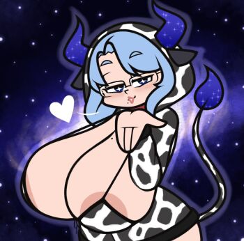 1girl absurdres animal_print areola_peeking blowing_kiss blue_hair breasts cow_girl cow_print heart_(symbol) highres huge_breasts indie_virtual_youtuber jinnsart looking_at_viewer miilkywayz mole mole_on_breast mole_under_mouth space_background tagme