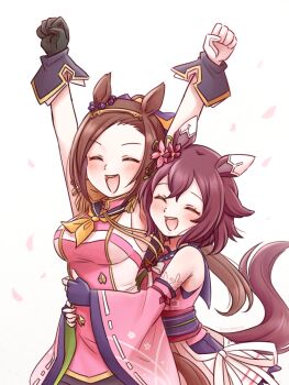 Rule 34 | 2girls, animal ears, arms up, asymmetrical gloves, cherry blossoms, closed eyes, commentary, detached sleeves, ear covers, ear ornament, epaulettes, fingerless gloves, flower, gloves, gold hairband, hair flaps, hair flower, hair ornament, hairband, highres, horse ears, horse girl, horse tail, hug, hug from behind, japanese clothes, kimono, koyomeru, mismatched gloves, multiple girls, neckerchief, pink kimono, pink sleeves, ponytail, sakura bakushin o (blossom in learning) (umamusume), sakura bakushin o (umamusume), sakura chiyono o (hinoshita kaisan hana akari) (umamusume), sakura chiyono o (umamusume), sleeveless, sleeveless jacket, sleeveless kimono, smile, tail, umamusume, untranslatable commentary, yellow neckerchief