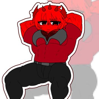 1boy abs bara breasts buff_male colored_skin frown highres incredibox kawaiiphilia large_breasts male_boobs moobs muscular muscular_male non-web_source raddy's_father_(sprunki) rafd_(sprunki) red_hair red_skin sprunki tsundere vomitghoul white_background