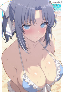 1girl bare_arms beach bikini blue_bikini blue_eyes blush bow breasts chimunge cleavage collarbone commentary_request frilled_bikini frills grey_hair hair_bow highres large_breasts looking_at_viewer ocean outdoors parted_bangs senran_kagura sidelocks solo standing swimsuit twitter_username wet white_bow yumi_(senran_kagura)