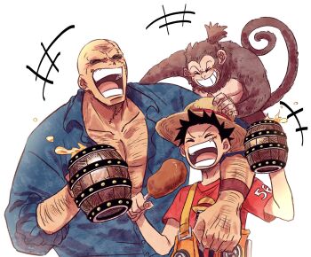 3boys ^_^ animal arm_up bald black_hair bonk_punch choko_egg closed_eyes drink food happy hat highres holding holding_drink holding_food hug laughing monkey monkey_d._luffy monster_(one_piece) multiple_boys one_piece pectorals short_hair shorts simple_background smile straw_hat white_background