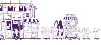 >_< 6+others :d angel angel_wings avogado6 barefoot child cloak commentary cup disposable_cup drinking_straw food from_side halo highres holding holding_scythe hood hooded_cloak long_image long_sleeves looking_at_viewer looking_to_the_side multiple_others open_mouth original popcorn purple_theme queue scythe simple_background smile standing translation_request vending_cart walking waving white_background wide_image wings