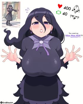 Rule 34 | 1girl, absurdres, alternate breast size (larger), blush, breasts, commentary, cowboy shot, double-parted bangs, dress, earrings, english commentary, english text, erobliss, flying sweatdrops, hair between eyes, hands up, hex maniac (pokemon), hex maniac (pokemon legends: z-a), highres, huge breasts, jewelry, juliet sleeves, long hair, long sleeves, looking at viewer, neck ribbon, nintendo, open mouth, pokemon, pokemon legends: z-a, puffy sleeves, purple dress, purple eyes, purple hair, purple ribbon, reference inset, ribbon, solo, twitter strip game, white background