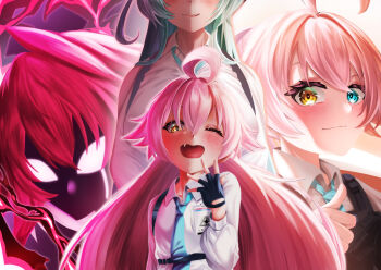 2girls abydos_high_school_logo ahoge aqua_hair aura black_gloves blank_eyes blue_archive blue_eyes blue_necktie blush closed_mouth collared_shirt commentary_request dark_aura eyelashes fang fingerless_gloves gloves hair_between_eyes hakuchon821 hand_up heterochromia highres hoshino_(armed)_(blue_archive) hoshino_(blue_archive) hoshino_terror_(blue_archive) huge_ahoge id_card long_hair looking_at_viewer multiple_girls multiple_views necktie official_alternate_costume official_alternate_hairstyle one_eye_closed open_mouth outline outstretched_hand pink_hair school_uniform shirt sidelighting simple_background smile split_mouth spoilers thumbs_up upper_body very_long_hair white_background white_outline white_shirt yellow_eyes yume_(blue_archive)