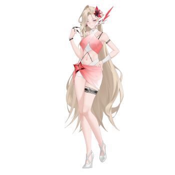 1girl absurdres alternate_costume bare_shoulders belt bikini bikini_skirt blonde_hair boots breasts choker commission commissioner_upload criss-cross_straps eyelashes flower full_body genshin_impact hair_flower hair_ornament hand_on_own_hip highres light_smile long_bangs long_hair looking_at_viewer mature_female mechanical_ears medium_breasts navel non-web_source petite pink_eyes rhan shoes signora_(genshin_impact) skirt solo swimsuit thigh_strap thighhighs thighs transparent_background vision_(genshin_impact) white_shoes