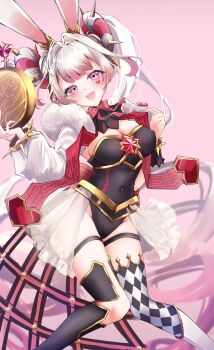 1girl animal_ears asymmetrical_bangs asymmetrical_clothes black_leotard blush breasts cleavage commentary_request covered_navel double_bun duel_monster feet_out_of_frame gradient_hair hair_bun hair_ornament highres holding holding_pocket_watch knees_together_feet_apart large_breasts leotard long_sleeves looking_at_viewer looking_back maliss_&lt;p&gt;_white_rabbit mizuhane_(mizuhane_miu) multicolored_hair multiple_views open_mouth pink_hair pocket_watch rabbit_ears rabbit_girl short_sleeves smile solo spikes thigh_strap twintails watch yu-gi-oh!