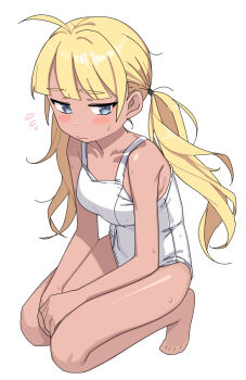 1girl ahoge barefoot blonde_hair blue_eyes blush breasts embarrassed expressionless full_body highres kneeling long_hair looking_at_viewer medium_breasts one-piece_swimsuit original saiste school_swimsuit solo swimsuit tan twintails wet white_one-piece_swimsuit