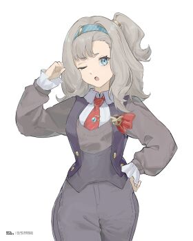 Rule 34 | 1girl, ;o, absurdres, artist name, blue eyes, blue hairband, clenched hand, collared shirt, cowboy shot, diagonal-striped clothes, diagonal-striped necktie, grey hair, grey shorts, grey sweater, hairband, hand on own hip, hand up, highres, looking at viewer, matilda bouanich, medium hair, necktie, one eye closed, one side up, red necktie, reverse:1999, rifyaa, shirt, shorts, solo, striped clothes, sweater, white shirt