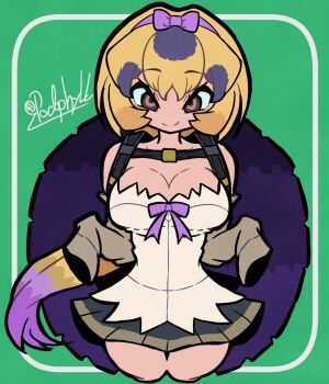 Rule 34 | 1girl, bare shoulders, belt, blonde hair, breasts, camisole, cleavage, commentary request, elbow gloves, gloves, green background, grey eyes, highres, kemono friends, kemono friends 3, large breasts, long hair, looking at viewer, pinta giant tortoise (kemono friends), podophyll, purple ribbon, ribbon, simple background, skirt, solo, turtle girl, turtle shell