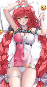 1girl absurdres arm_up braid breasts cleavage closed_mouth covered_navel dakimakura_(medium) dokimaru eyewear_on_head facial_mark green_eyes hand_up heart heart-shaped_eyewear heart_facial_mark highres large_breasts long_hair official_alternate_costume one-piece_swimsuit pink_one-piece_swimsuit red_hair smile solo swimsuit thigh_strap tongue tongue_out twin_braids two-tone_one-piece_swimsuit ukinami_yuzuha ukinami_yuzuha_(tanuki_in_broad_daylight) very_long_hair zenless_zone_zero