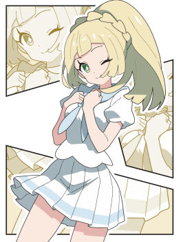 1girl blonde_hair bright_pupils commentary_request dress green_eyes highres kanbei_(pixiv11037490) lillie_(pokemon) looking_at_viewer medium_hair nintendo one_eye_closed pleated_skirt pokemon pokemon_sm ponytail shirt short_sleeves skirt smile solo standing thighs white_pupils white_shirt white_skirt zoom_layer