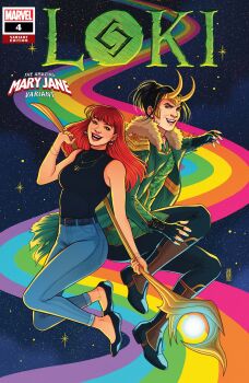 Rule 34 | 1boy, 1girl, :d, absurdres, androgynous, anklet, belt, black belt, black gloves, black hair, black pants, black shirt, black shoes, blue eyes, blue pants, blunt bangs, bracelet, character ear piercing, character name, coat, comic cover, copyright logo, copyright name, denim, earrings, english text, fake horns, fingerless gloves, flats, fur-trimmed coat, fur trim, gloves, gold trim, green coat, green eyes, green shirt, highres, holding, holding behind back, holding staff, horned headwear, horns, jeans, jen bartel, jewelry, logo, loki (marvel), long hair, looking to the side, marvel, mary jane watson, necklace, official art, open mouth, pants, ponytail, rainbow, red hair, red lips, shin guards, shirt, shoes, sleeveless, sleeveless turtleneck, smile, spider-man, spider-man (series), staff, thor (marvel) (series), torn clothes, torn sleeves, turtleneck, western comics (style)