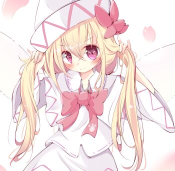 1girl alternate_eye_color blonde_hair blush bow bowtie bunching_hair capelet cherry_blossoms commentary fairy fairy_wings hat inasa_orange lily_white long_hair long_sleeves looking_at_viewer red_bow red_bowtie red_eyes shirt skirt smile solo touhou twintails very_long_hair white_capelet white_hat white_shirt white_skirt wings